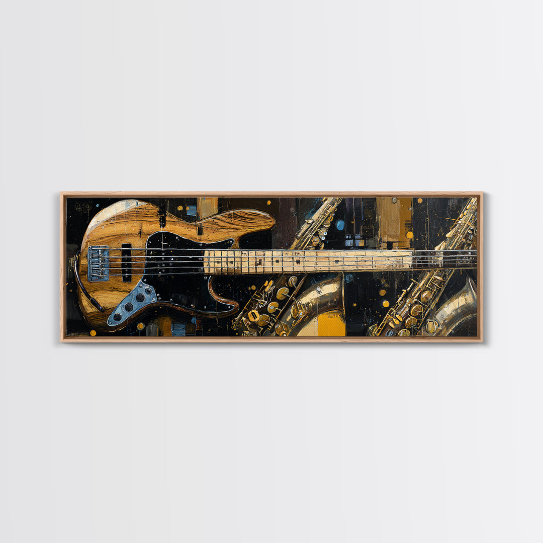 Bass Guitar Closeup Framed Canvas Print, Music Studio Art, Custom Painting, Studio Decor, Watercolor Art, Rhythm, MSA-3x1-5