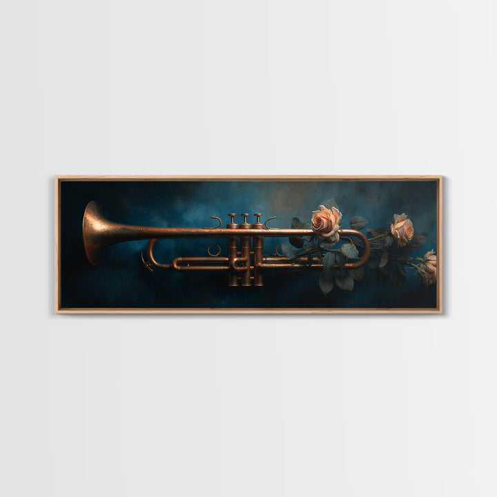 Trumpet and Roses Framed Canvas Print, Music Studio Art, Wall Art, Studio Decor, Rhythm, Trendy Wall Art, Music Wall Art, MSA-3x1-72