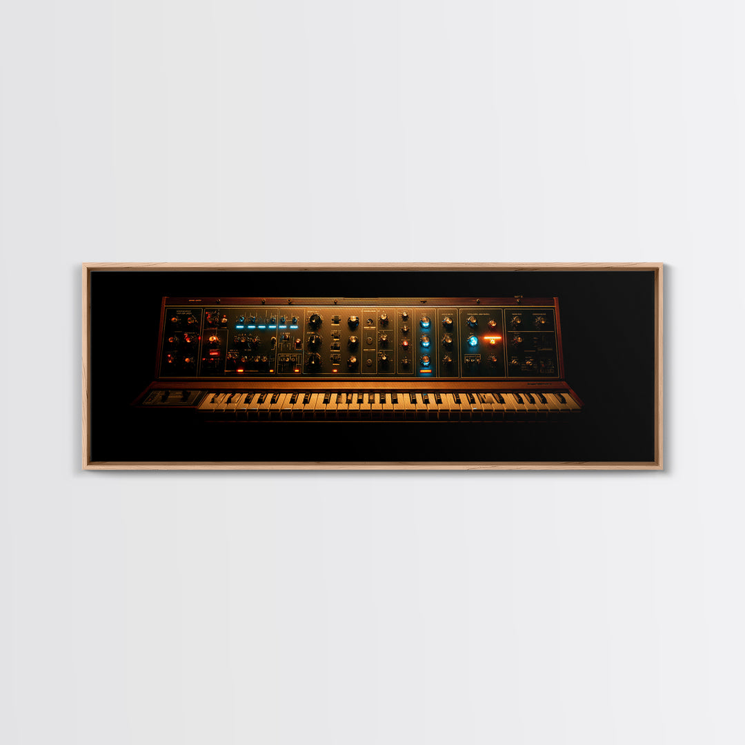 Synthesizer Knobs and Neon Reflections Framed Canvas Print, Music Studio Art, Painting from Photo, Studio Decor, Oil Painting, MSA-3x1-74