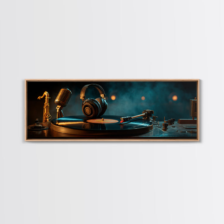 Headphones Around a Glowing Record Canvas Print, Music Studio Art, Modern Wall Art, Studio Decor, Fine Art, Rhythm, Boho Art, MSA-3x1-75