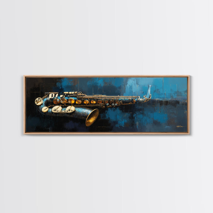 Jazz Saxophone with Smoky Blue Background Framed Canvas Print, Music Studio Art, Music Art, Studio Decor, Fine Art, Rhythm, MSA-3x1-90