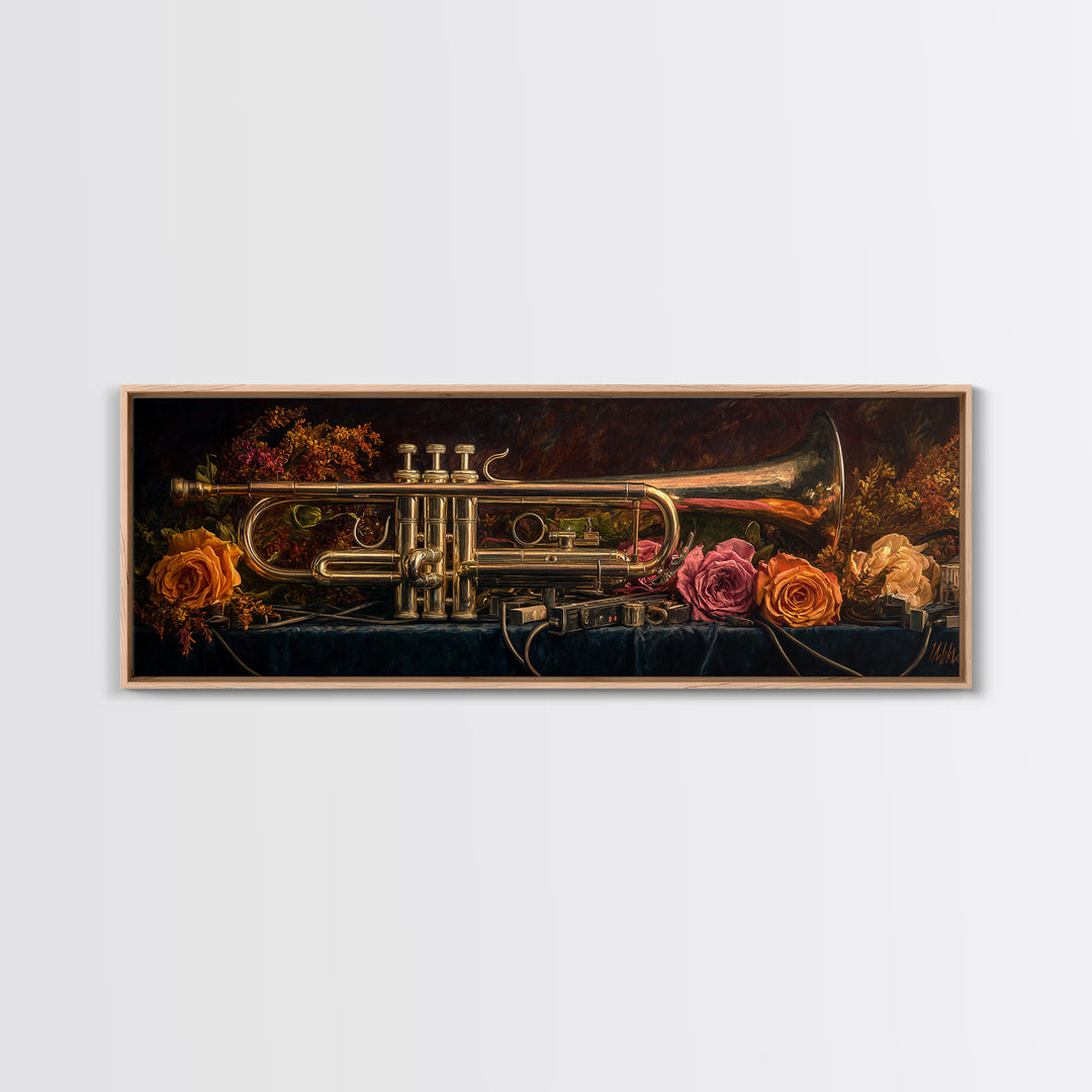 Trumpet and Roses Canvas Print, Music Studio Art, Neutral Decor, Studio Decor, Fine Art, Rhythm, Wall Art, Home Decor, MSA-3x1-96