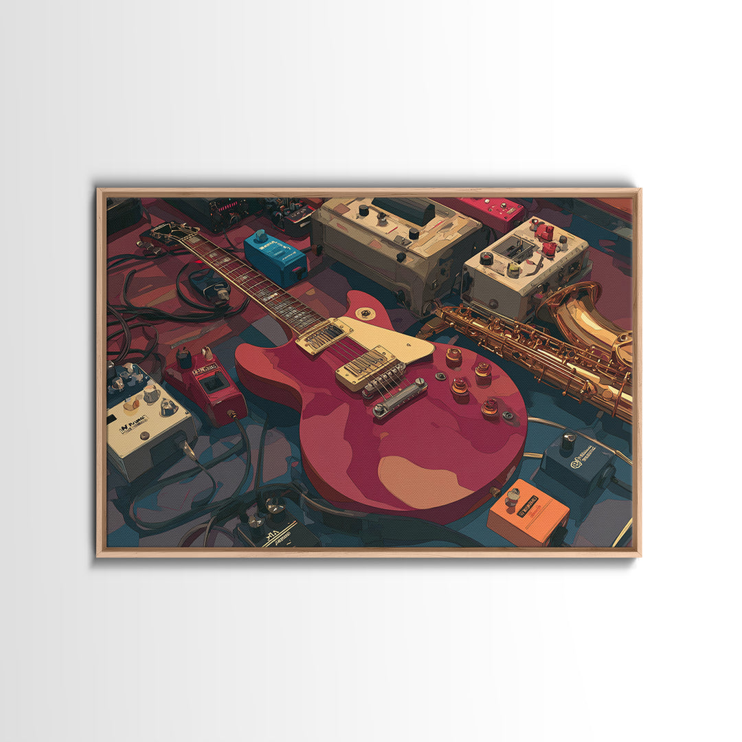 Electric Guitar Pedals and Cables Graphic Art Canvas Print, Music Studio Art, Trendy Wall Art, Studio Decor, Fine Art, Rhythm, MSA-3x2-1