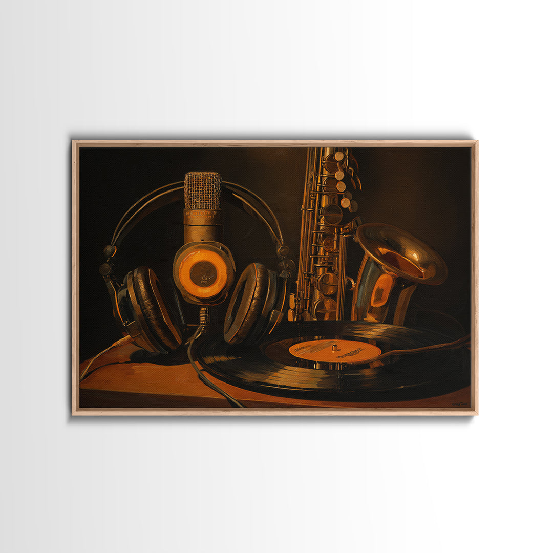 Headphones Around a Glowing Record Framed Canvas Print, Music Studio Art, Custom Painting, Studio Decor, Fine Art, Rhythm, MSA-3x2-15