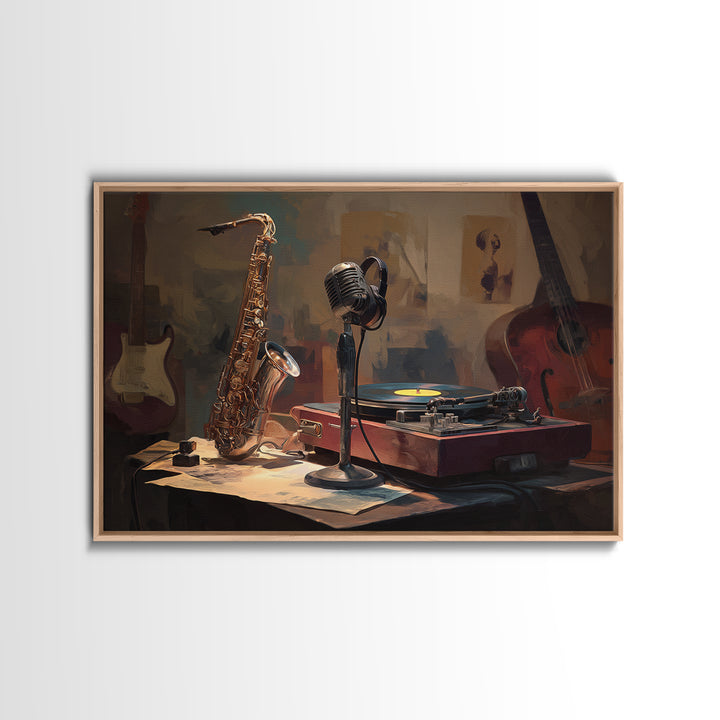 Vinyl Record and Turntable Still Life Framed Canvas Print, Music Studio Art, Music, Studio Decor, Oil Painting, Rhythm, MSA-3x2-55
