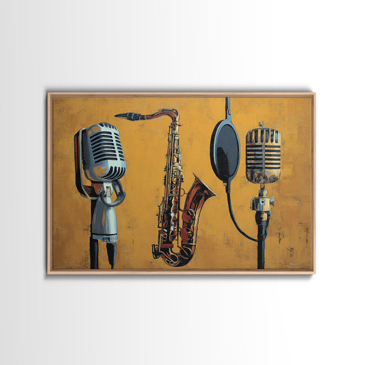 Microphone Portrait with Golden Spotlight Framed Canvas Print, Music Studio Art, Art Print, Studio Decor, Fine Art, Rhythm, MSA-3x2-59