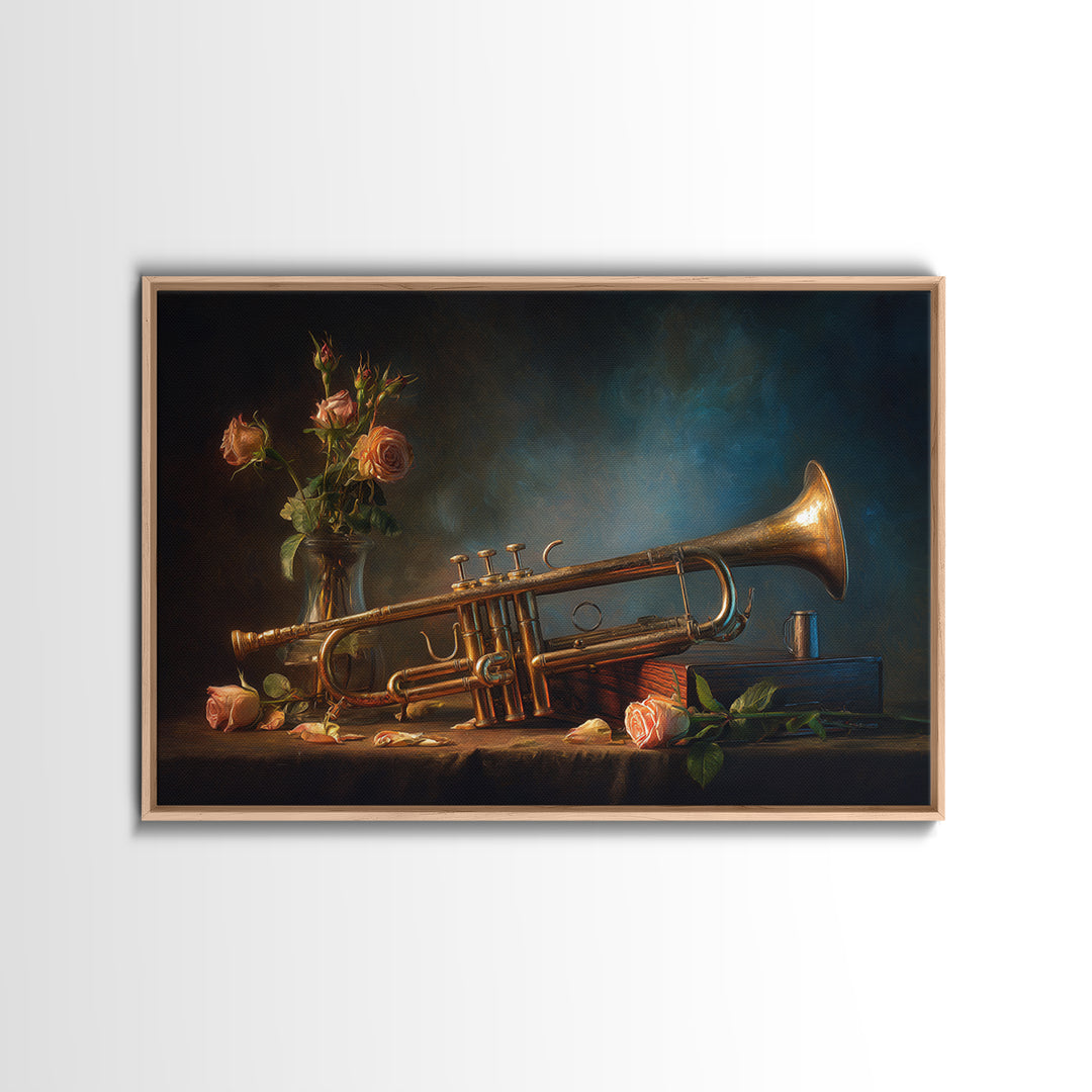 Trumpet and Roses Framed Canvas Print, Music Studio Art, Music Lover, Studio Decor, Fine Art, Rhythm, Minimalist Decor, MSA-3x2-60