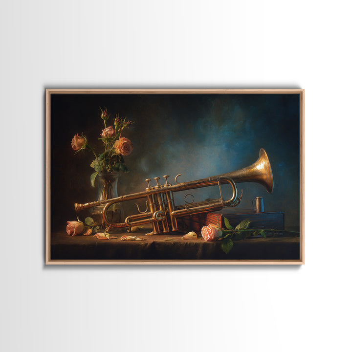 Trumpet and Roses Framed Canvas Print, Music Studio Art, Music Lover, Studio Decor, Fine Art, Rhythm, Minimalist Decor, MSA-3x2-60