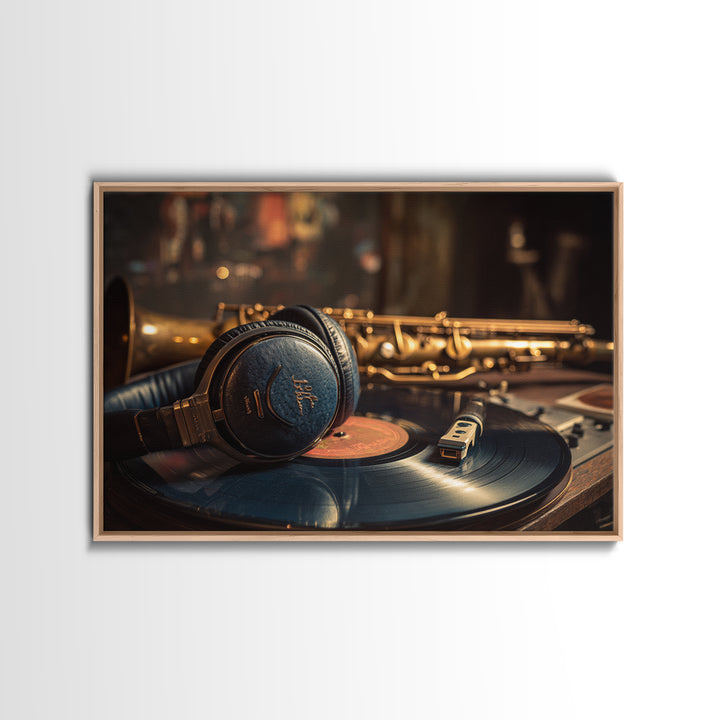 Headphones Around a Glowing Record Framed Canvas Print, Music Studio Art, Scripture Wall Art, Studio Decor, Fine Art, Rhythm, MSA-3x2-63