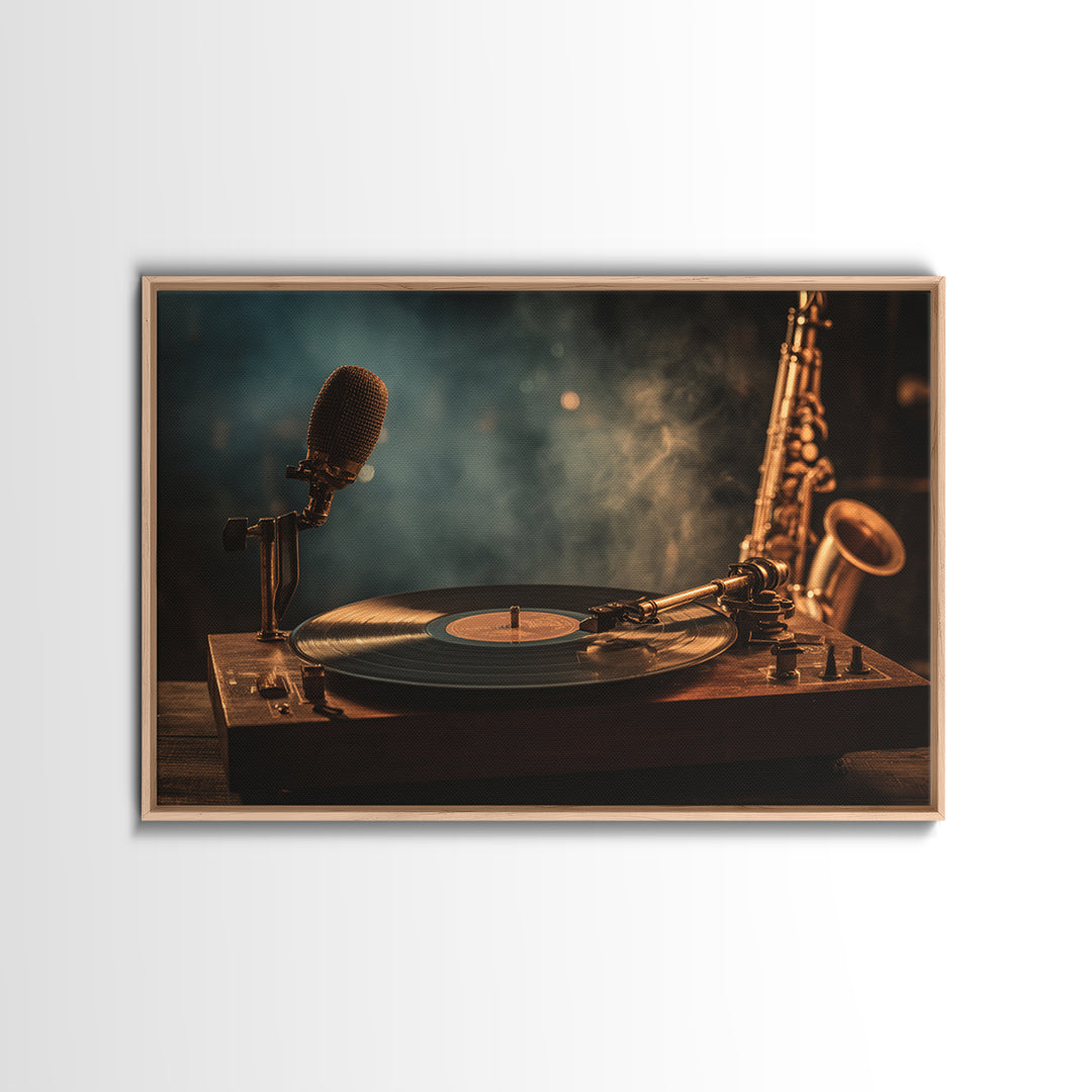 Vinyl Record and Turntable Still Life Framed Canvas Print, Music Studio Art, Home Decor, Studio Decor, Abstract Art, Rhythm, MSA-3x2-7