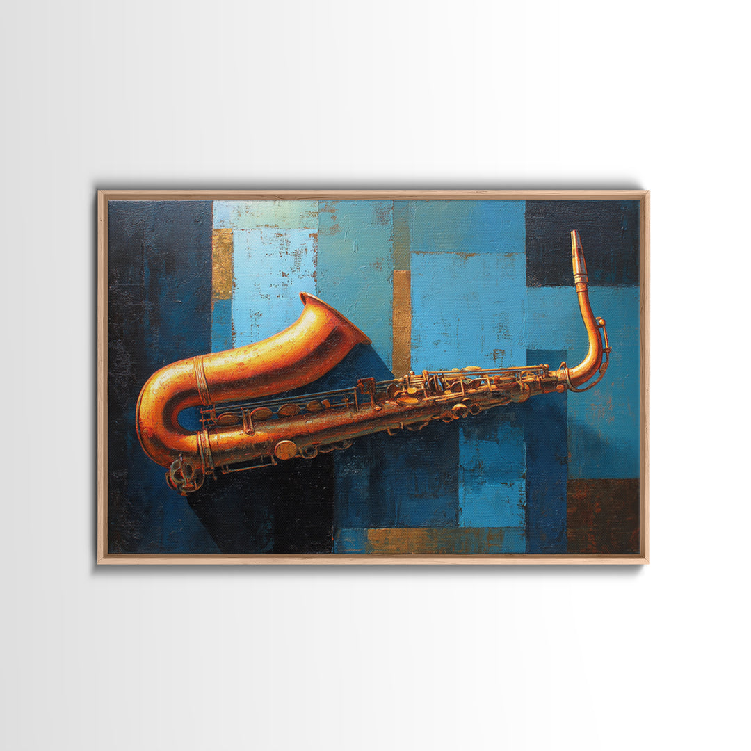 Jazz Saxophone with Smoky Blue Background Framed Canvas Print, Music Studio Art, Boho Art, Studio Decor, Fine Art, Rhythm, MSA-3x2-78