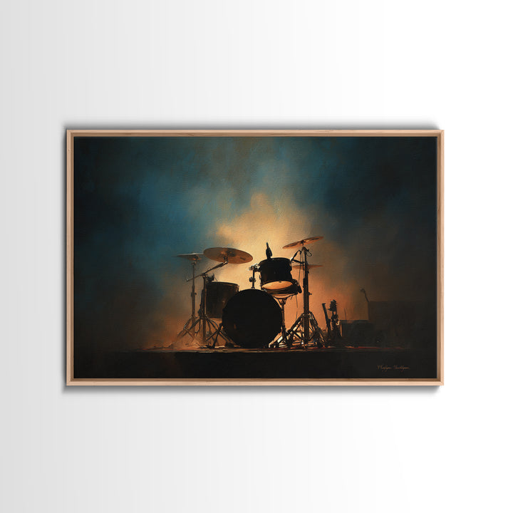 Drum Kit Silhouette Framed Canvas Print, Music Studio Art, Travel Wall Art, Studio Decor, Oil Painting, Rhythm, Boho Decor, MSA-3x2-82