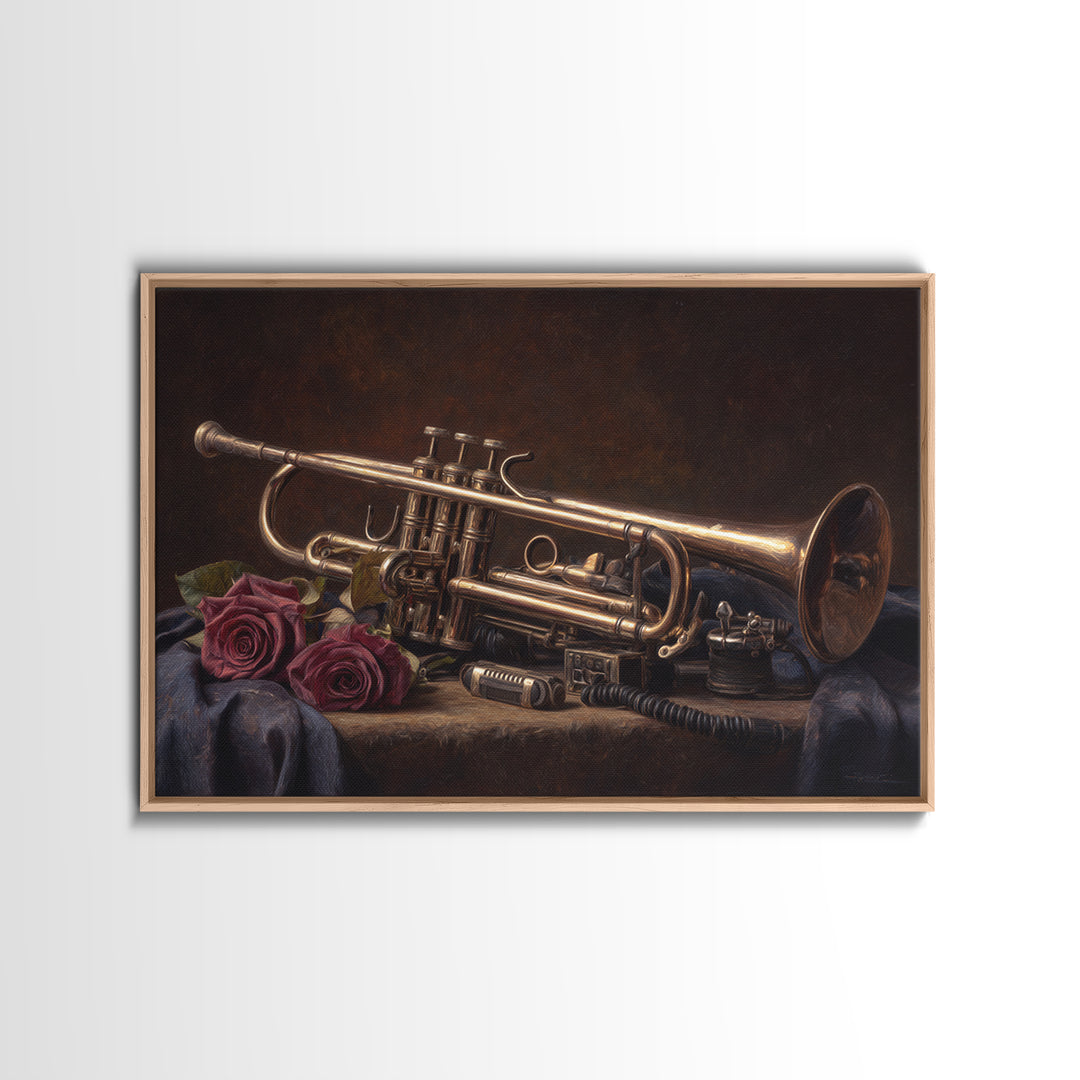 Trumpet and Roses Canvas Print, Music Studio Art, Boho Decor, Studio Decor, Fine Art, Rhythm, Metal Wall Art, MSA-3x2-84
