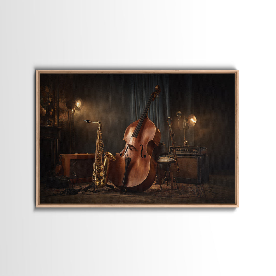 Cello Leaning Against Dark Velvet Backdrop Framed Canvas Print, Music Studio Art, Music Gift, Studio Decor, Fine Art, Rhythm, MSA-3x2-85
