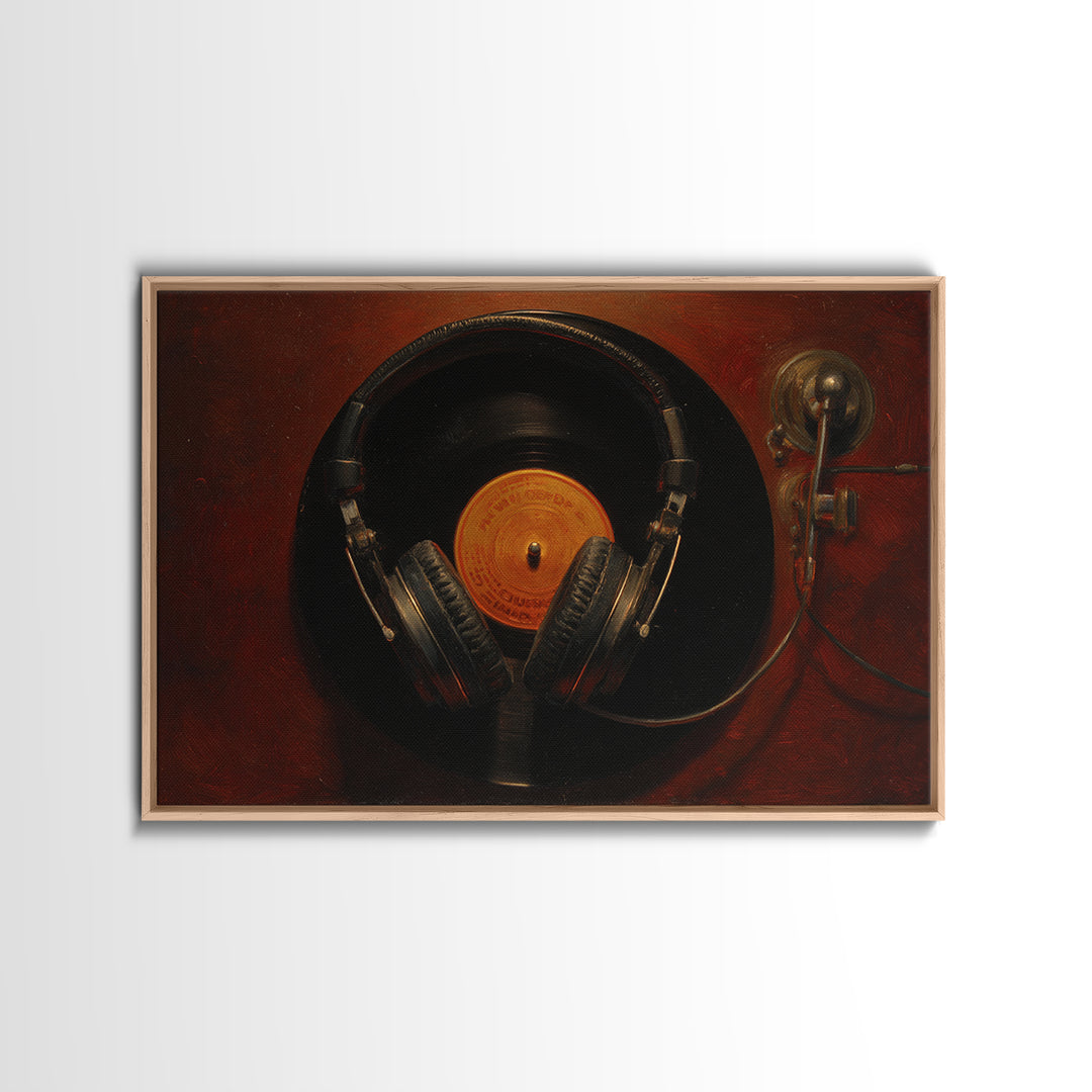 Headphones Around a Glowing Record Framed Canvas Print, Music Studio Art, Fine Art Print, Studio Decor, Fine Art, Rhythm, MSA-3x2-87