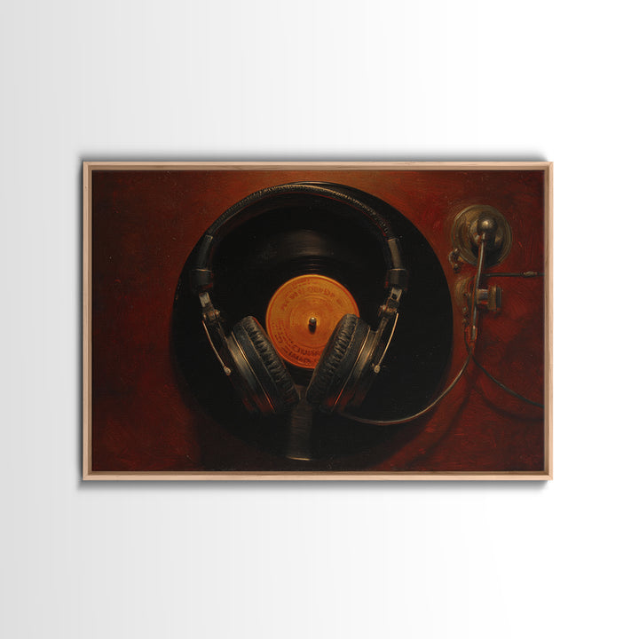 Headphones Around a Glowing Record Framed Canvas Print, Music Studio Art, Fine Art Print, Studio Decor, Fine Art, Rhythm, MSA-3x2-87
