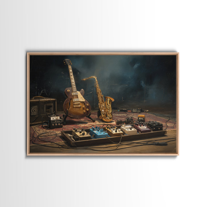 Electric Guitar Pedals and Cables Graphic Art Framed Canvas Print, Music Studio Art, Music Lover, Studio Decor, Watercolor Art, MSA-3x2-97