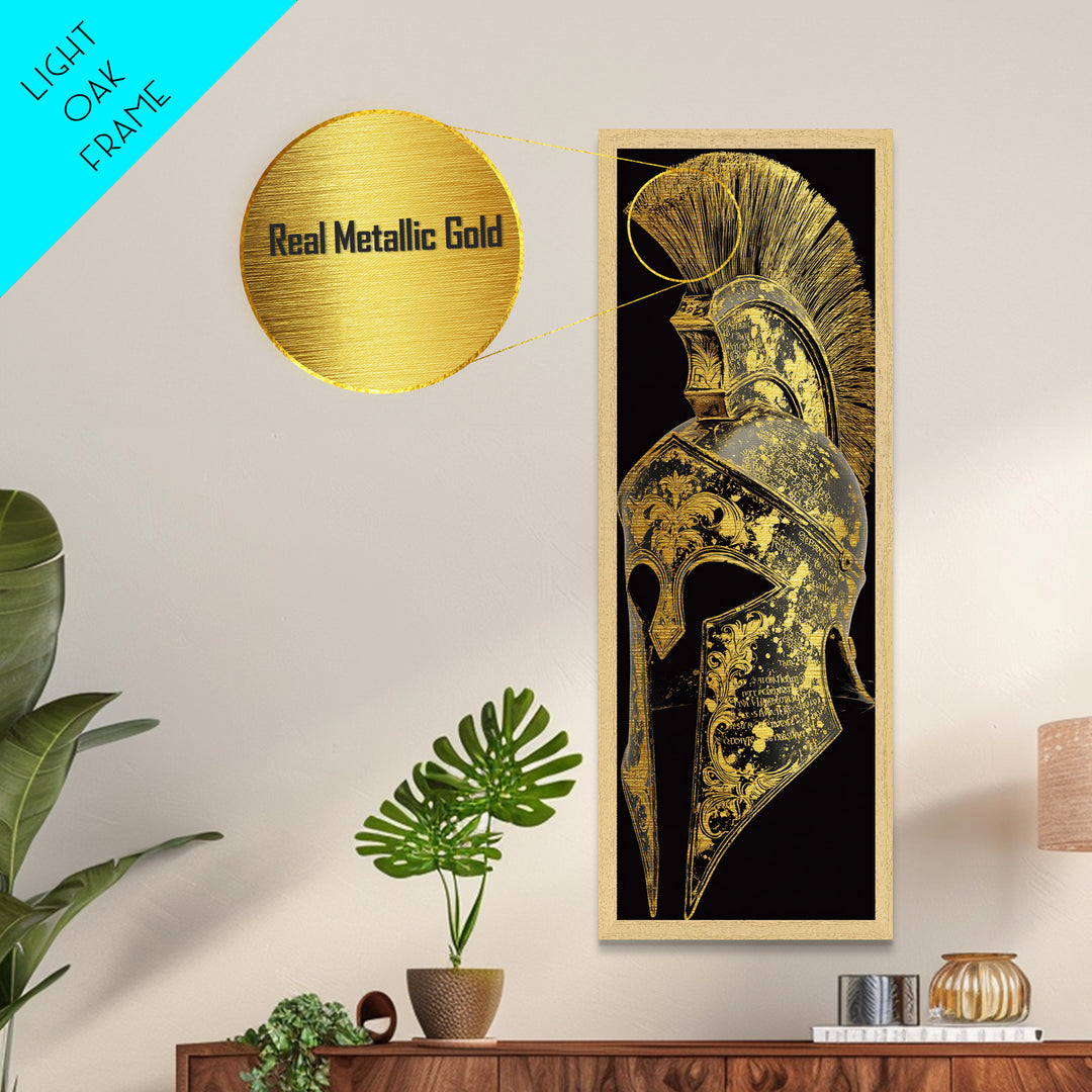 Golden Spartan Helmet - Sparta Wall Art - Metallic Gold Decor - Metallic Wall Art - Metallic Gold Spartan Painting - Wood Framed Mancave Art