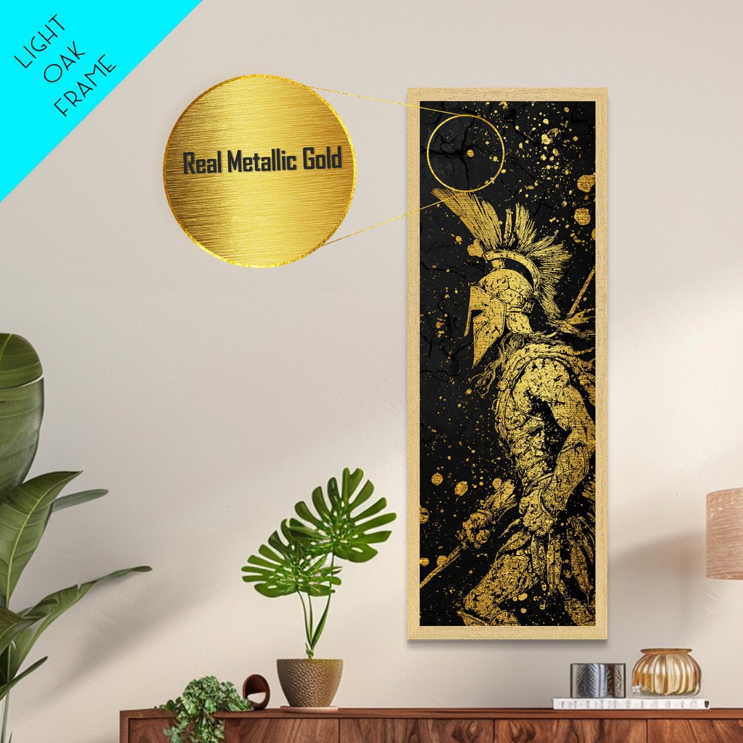 Spartan Warrior Helmet Illustration, Metallic Gold Metal Print, Ancient Greek Soldier Wall Art, Real Wood Frame Decor