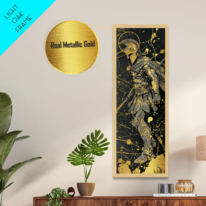 Greek Spartan Warrior In Armor, Metallic Gold Metal Print, Ancient Warrior Wall Art, Real Wood Frame Home Decor