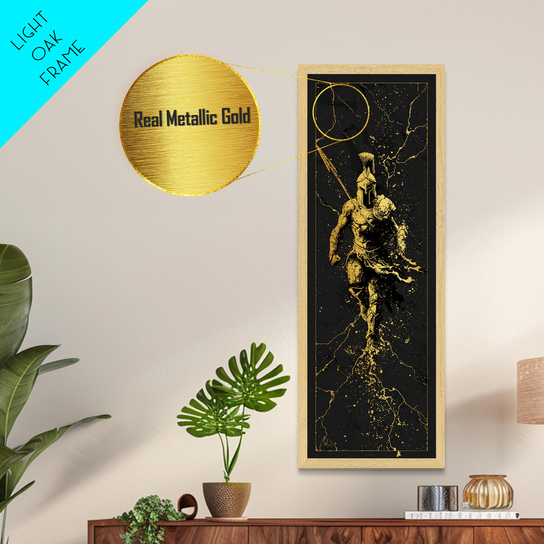 Ancient Spartan Soldier Running, Metallic Gold Metal Print, Greek Warrior Helmet Wall Art, Real Wood Frame Decor