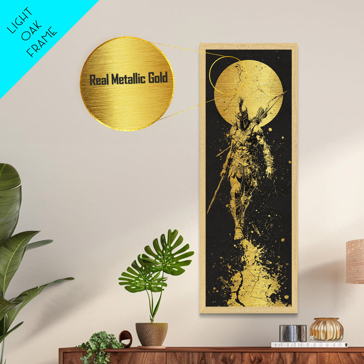 Spartan Warrior Under Full Moon, Metallic Gold Metal Print, Ancient Greek Soldier Wall Art, Real Wood Frame Decor