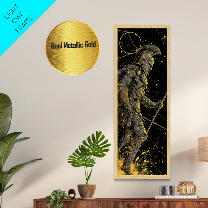 Ancient Greek Spartan Fighter, Metallic Gold Metal Print, Warrior Helmet Spear Wall Art, Real Wood Frame Decor