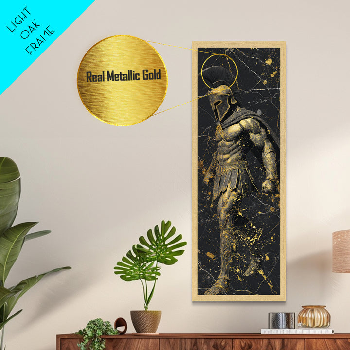 Spartan Warrior In Detailed Armor, Metallic Gold Metal Print, Ancient Greek Soldier Wall Art, Real Wood Frame Decor