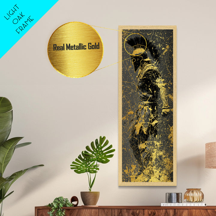 Greek Spartan Warrior Splatter Effect, Metallic Gold Metal Print, Ancient Warrior Wall Art, Real Wood Frame Decor