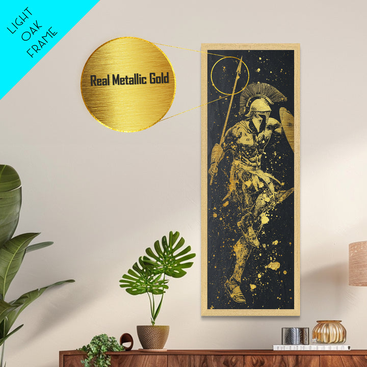 Spartan Warrior With Spear And Shield, Metallic Gold Metal Print, Ancient Greek Soldier Wall Art, Real Wood Frame Decor