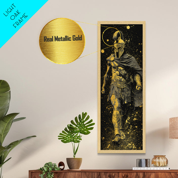 Greek Spartan Warrior In Cloak, Metallic Gold Metal Print, Ancient Helmet Warrior Wall Art, Real Wood Frame Home Decor