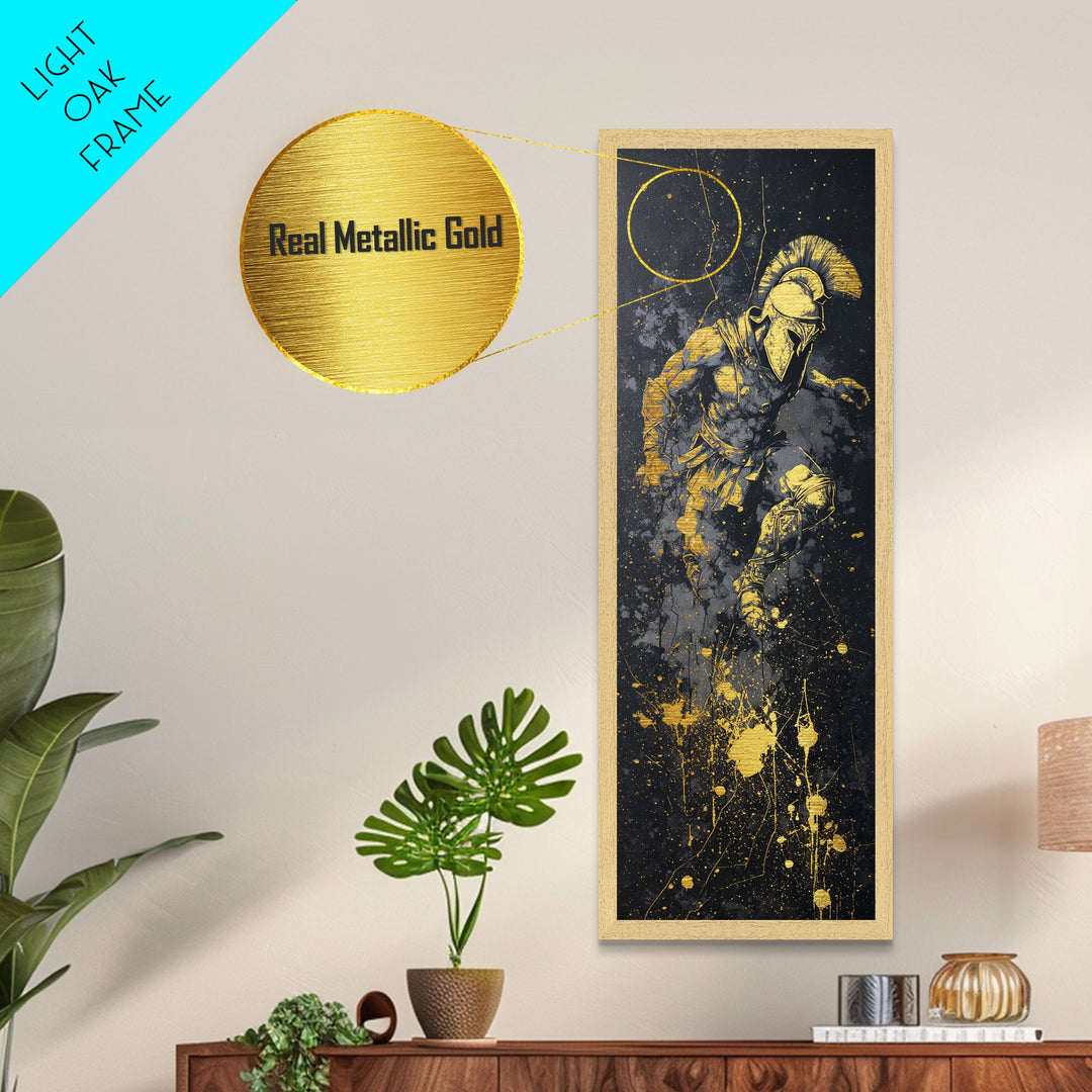 Ancient Spartan Warrior In Battle Pose, Metallic Gold Metal Print, Greek Soldier Helmet Wall Art, Real Wood Frame Decor