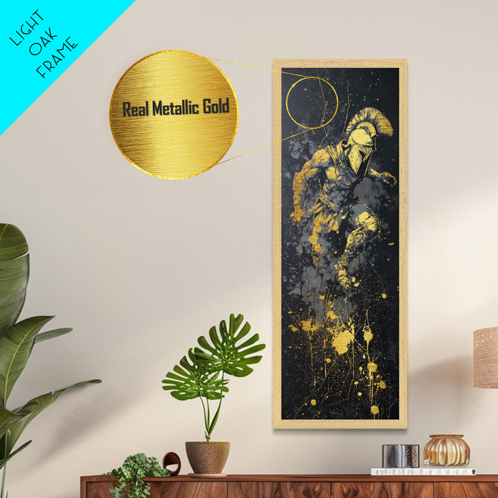 Ancient Spartan Warrior In Battle Pose, Metallic Gold Metal Print, Greek Soldier Helmet Wall Art, Real Wood Frame Decor