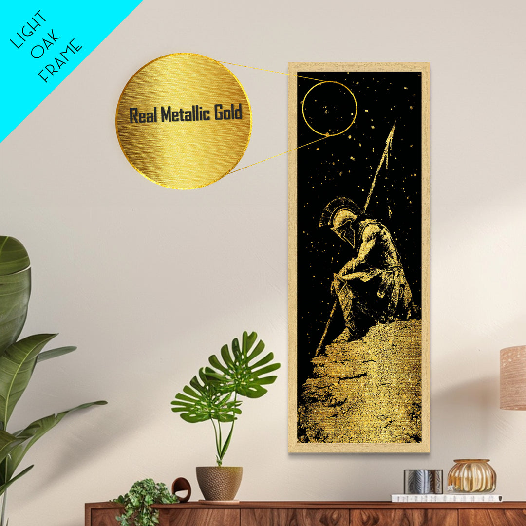 Spartan Warrior Kneeling With Spear, Metallic Gold Metal Print, Ancient Greek Soldier Wall Art, Real Wood Frame Decor