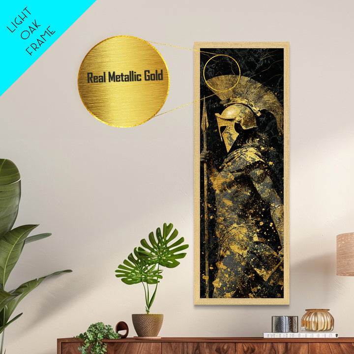 Greek Spartan Warrior Holding Spear, Metallic Gold Metal Print, Ancient Helmet Warrior Wall Art, Real Wood Frame Decor