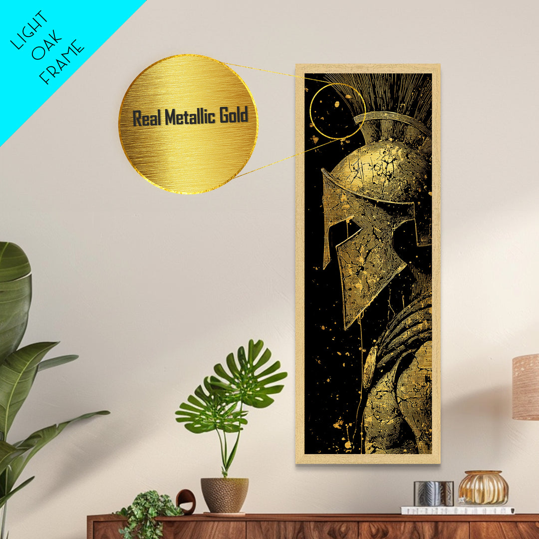 Spartan Helmet Close Up Artwork, Metallic Gold Metal Print, Ancient Greek Warrior Wall Art, Real Wood Frame Decor