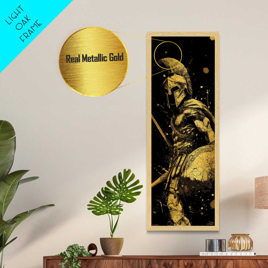 Ancient Spartan Warrior With Shield, Metallic Gold Metal Print, Greek Soldier Helmet Wall Art, Real Wood Frame Decor
