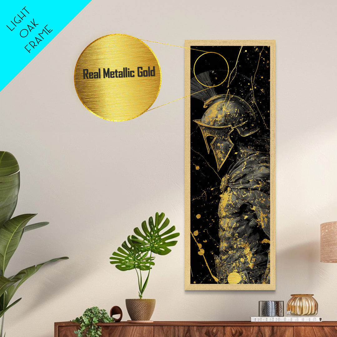 Greek Spartan Warrior In Splatter Style, Metallic Gold Metal Print, Ancient Warrior Helmet Wall Art, Real Wood Frame Decor
