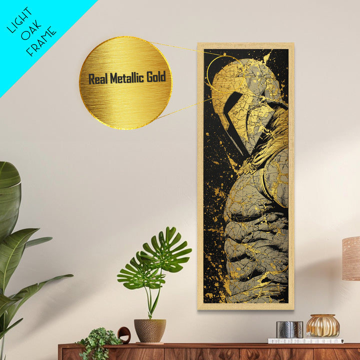 Ancient Spartan Helmet Detailed Artwork, Metallic Gold Metal Print, Greek Warrior Wall Art, Real Wood Frame Decor