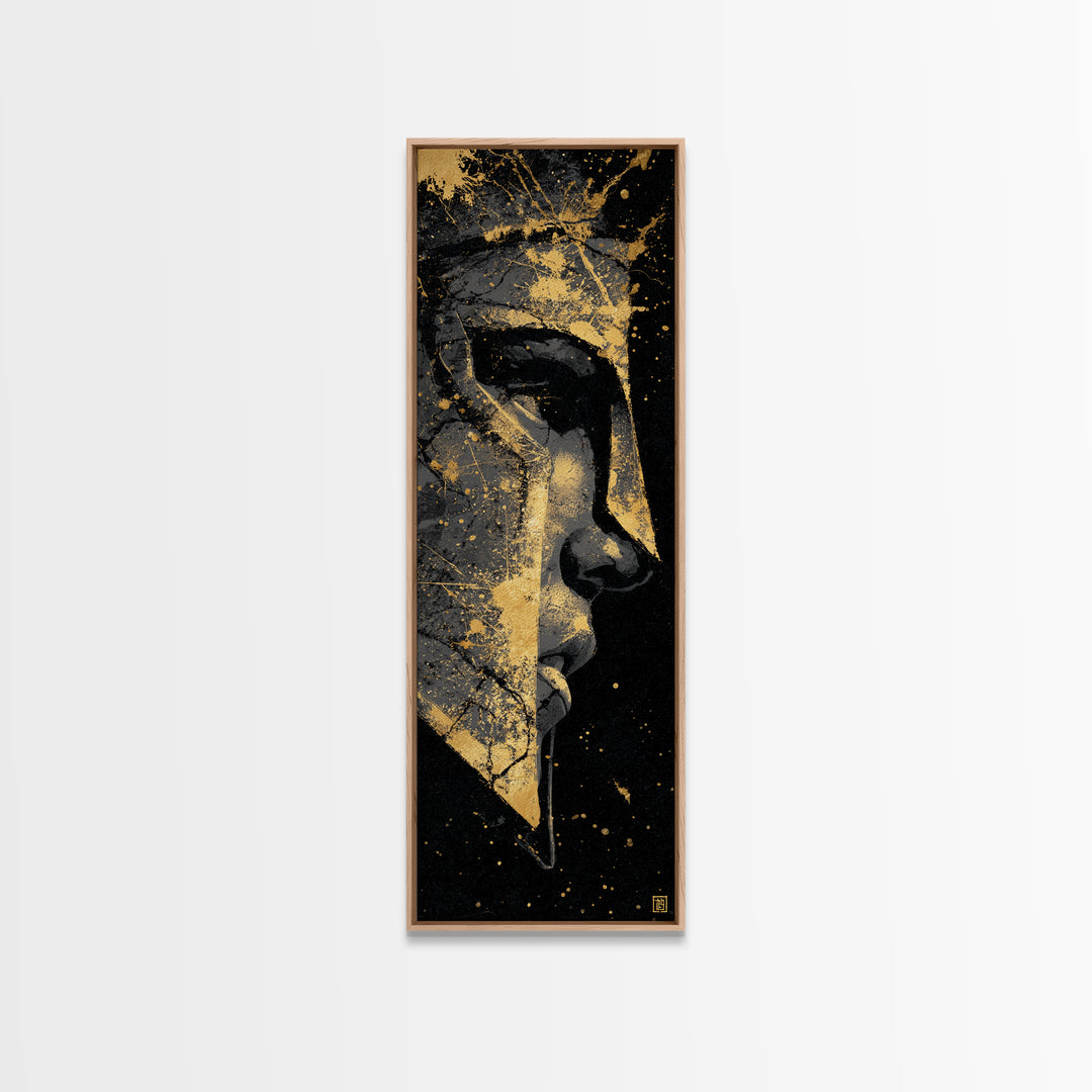 Warrior Spartan Portrait, Gold Canvas Print, Ancient Greek Helmet Wall Art, Real Wood Frame Home Decor, Historical Warrior Artwork