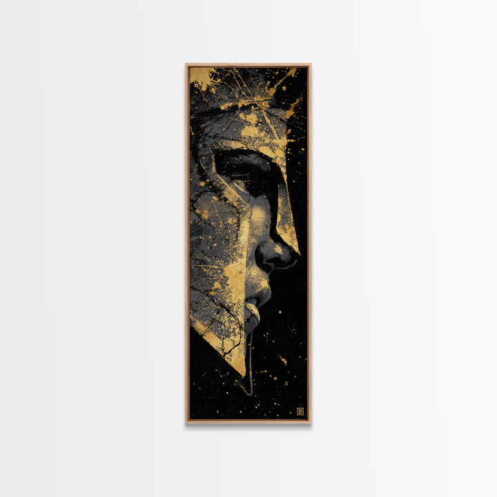 Warrior Spartan Portrait, Gold Canvas Print, Ancient Greek Helmet Wall Art, Real Wood Frame Home Decor, Historical Warrior Artwork
