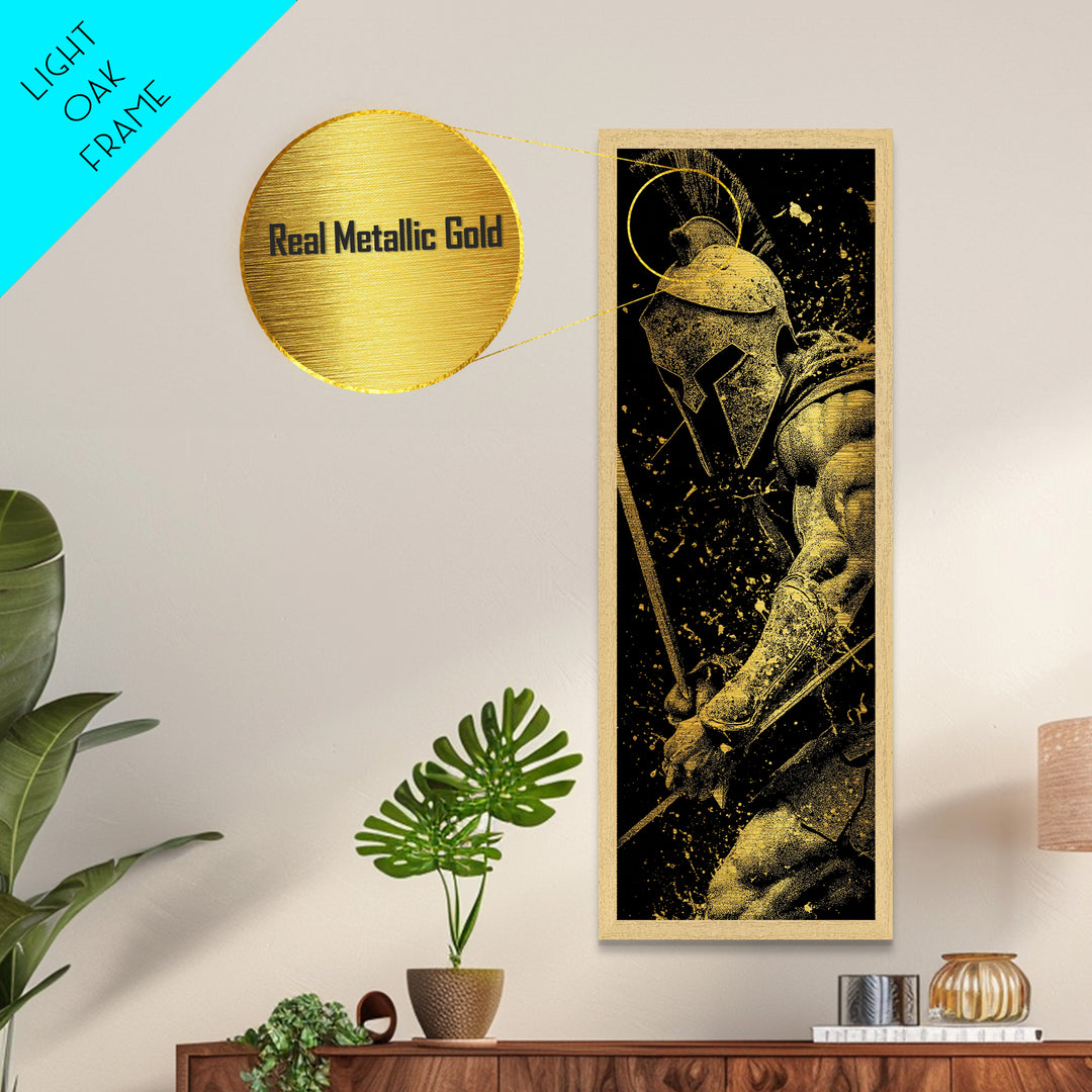 Spartan Warrior With Sword, Metallic Gold Metal Print, Greek Mythology Wall Art, Real Wood Frame Decor, Ancient Battle Artwork