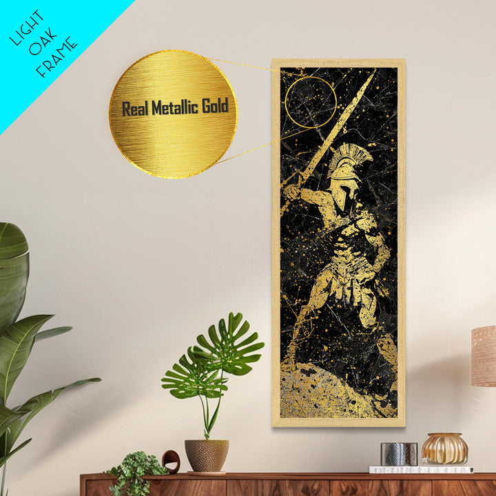 Greek Hoplite With Spear, Metallic Gold Art, Spartan Warrior Wall Decor, Real Wood Frame Metal Print, Historical Military Artwork