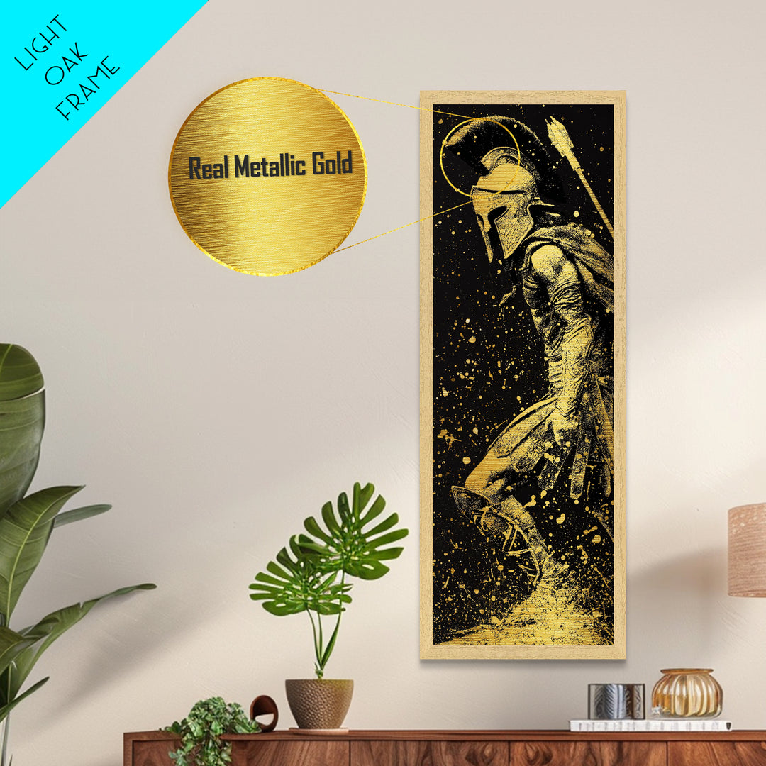 Greek Spartan Standing Strong, Metallic Gold Metal Print, Warrior Soldier Wall Art, Real Wood Frame Home Decor, Ancient Hero Artwork