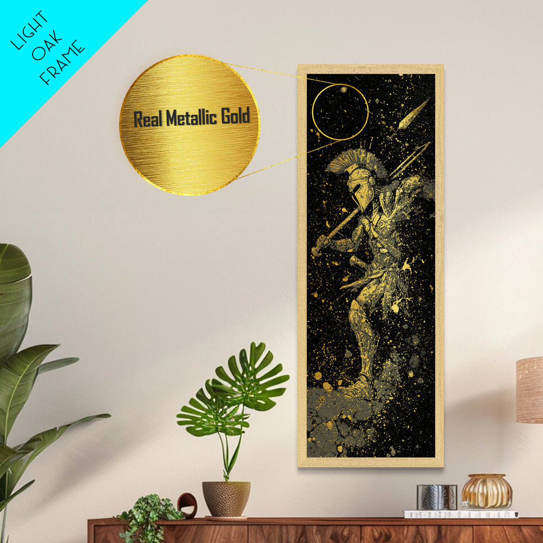 Ancient Spartan In Battle, Metallic Gold Art, Warrior With Spear Wall Print, Real Wood Frame Decor, Greek Mythology Artwork