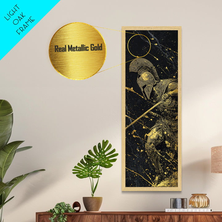 Heroic Spartan Warrior, Metallic Gold Metal Print, Ancient Greek Wall Art, Real Wood Frame Decor, Battle Ready Soldier Artwork