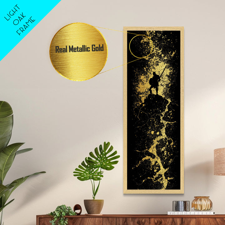 Spartan Silhouette With Shield, Metallic Gold Art, Ancient Warrior Wall Print, Real Wood Frame Decor, Historical Greek Hero Artwork