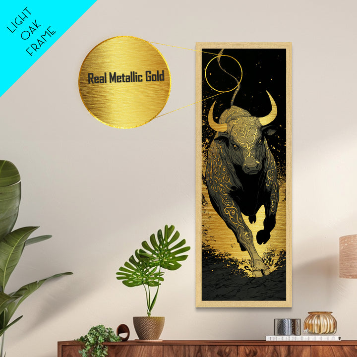 Charging Bull - Metallic Gold Wall Art - Wood Framed Metal Art, Taurus Wall Art, Golden Runic Bull Painting Print, Metal Art