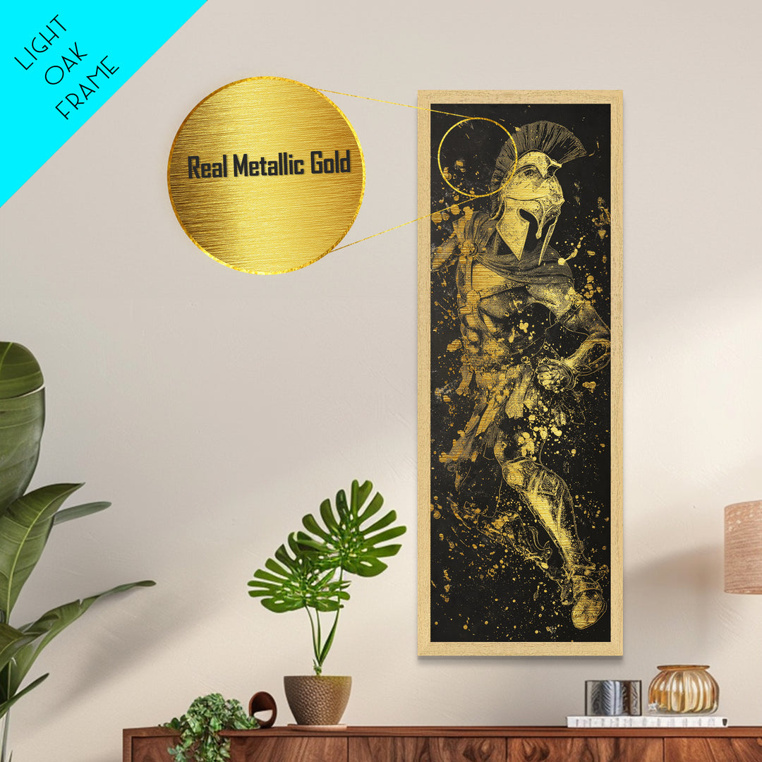 Greek Spartan In Combat, Metallic Gold Art, Warrior Metal Print Wall Decor, Real Wood Frame Artwork, Ancient Battle Hero Artwork