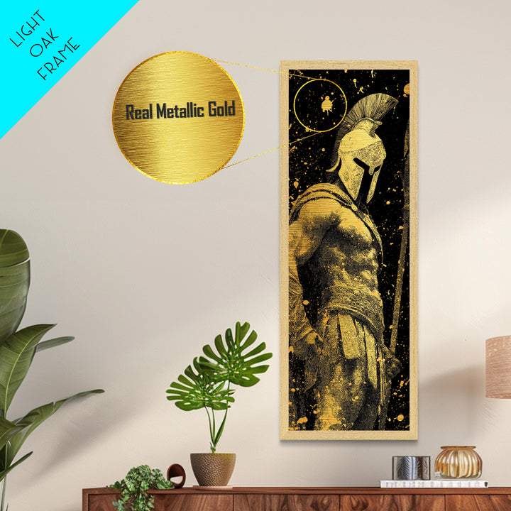Spartan Warrior Metallic Gold Metal Print, Ancient Greek Soldier Wall Art, Real Wood Frame, Gladiator Decor For Home Office